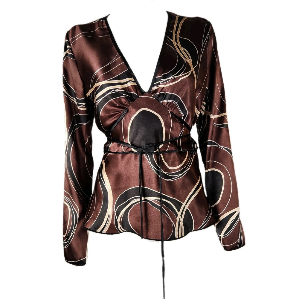 VTG Studio Y Brown Satin Wrap Blouse Y2K 90s Indie Retro Loose Sleeve Top M/L* - Picture 1 of 12